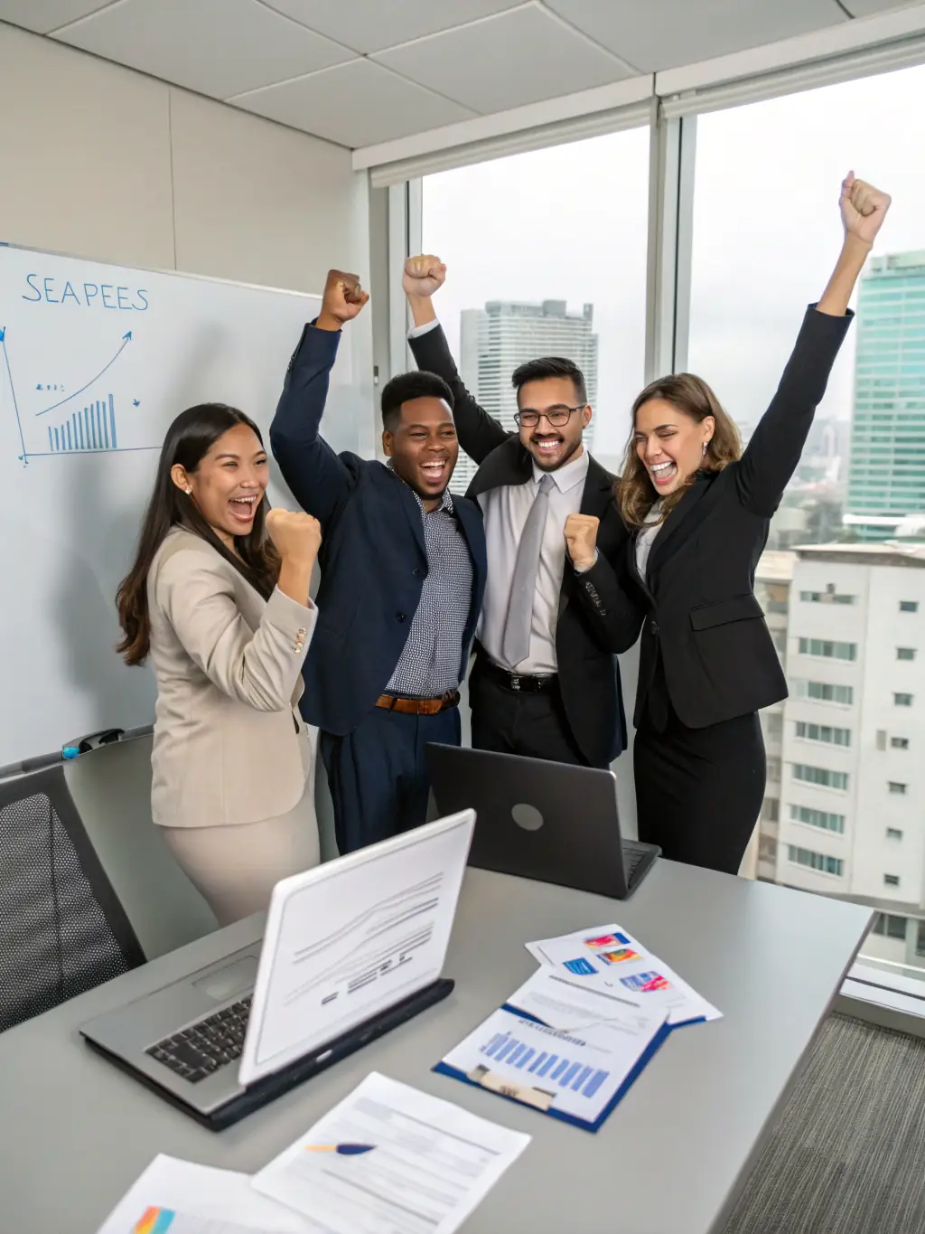 A diverse group of professionals celebrating a successful marketing campaign, highlighting QDQ's results-oriented approach and client satisfaction.